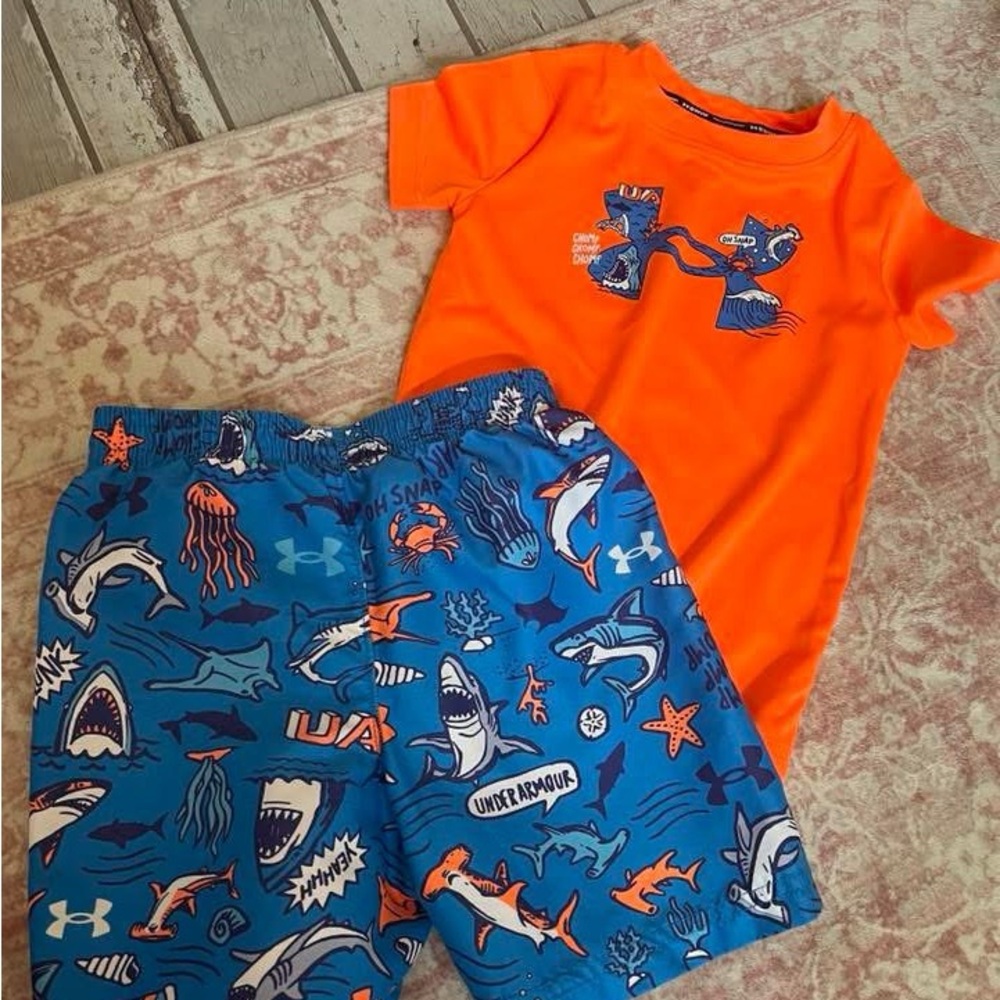 Like New!! Under Armour Swim Kids Orange Shirt and Blue Shark Shorts Set